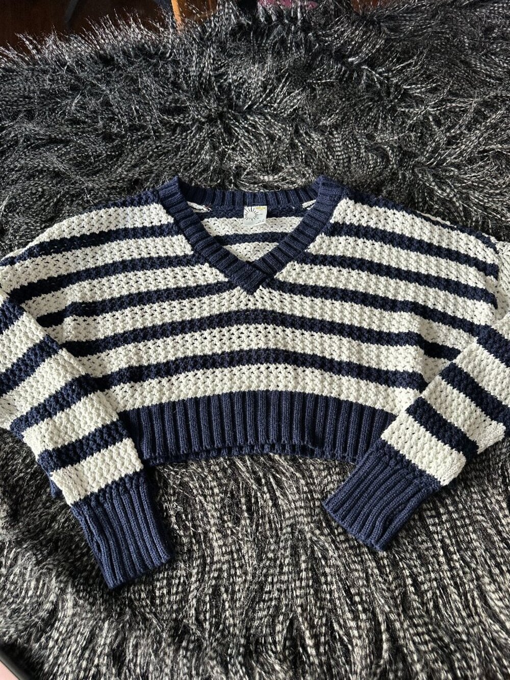 Offline by Aerie Cropped Striped V-Neck Knit Sweater in Navy & White